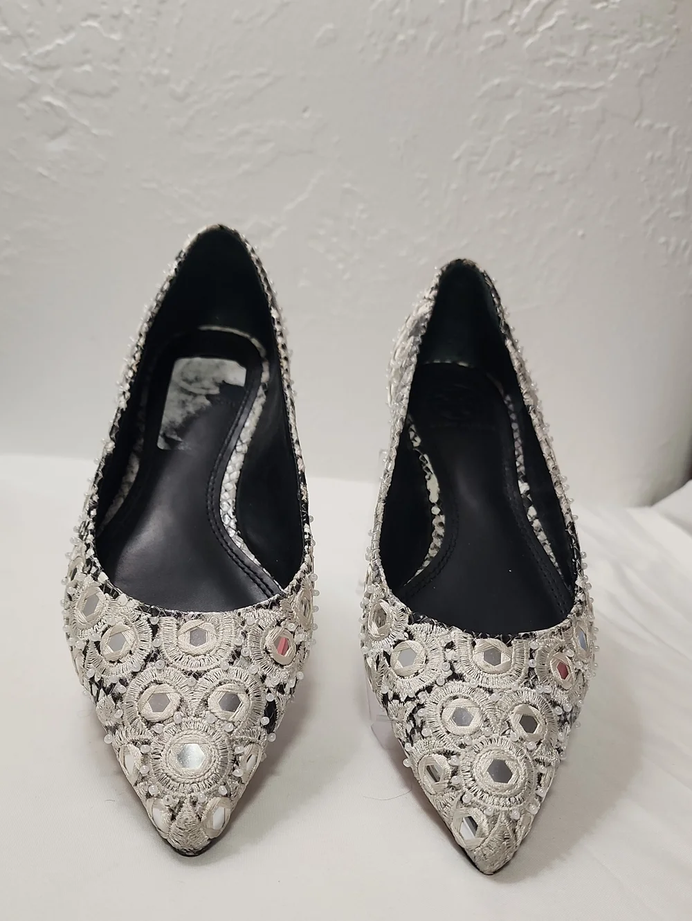 Tory Burch Silver Embellished Pointed Toe Flats